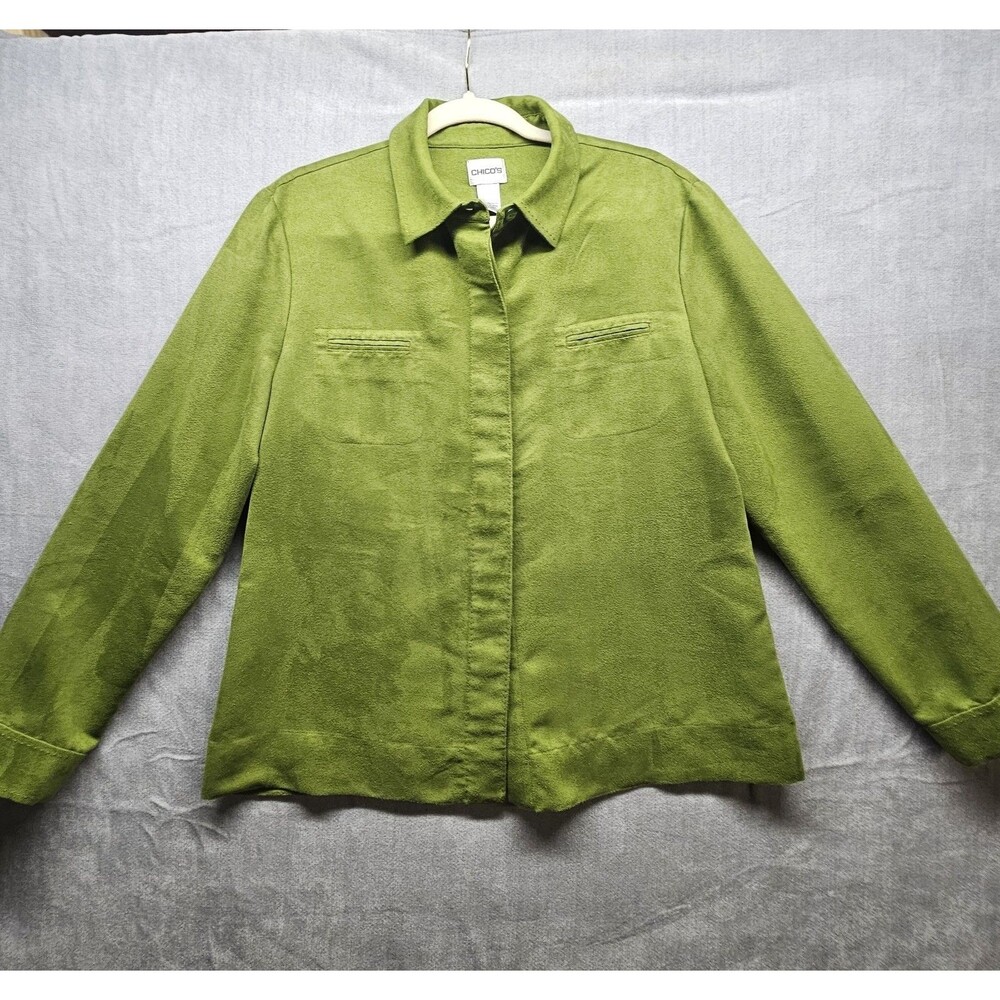 Chico's Green Velvet Shacket Womens Size Large 2 Shirt Jacket Colorful Solid